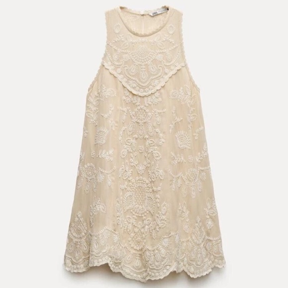 $129 ZARA 2024 ZW COLLECTION CONTRAST EMBROIDERY DRESS MEDIUM BEIGE 6895/073 - Picture 2 of 9